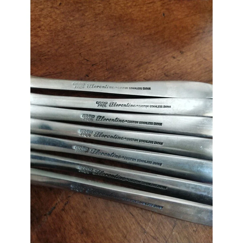 Vtg Lot 7 Dinner Spoons Stainless Grand Prix Florentine Black Swirl Design Japan